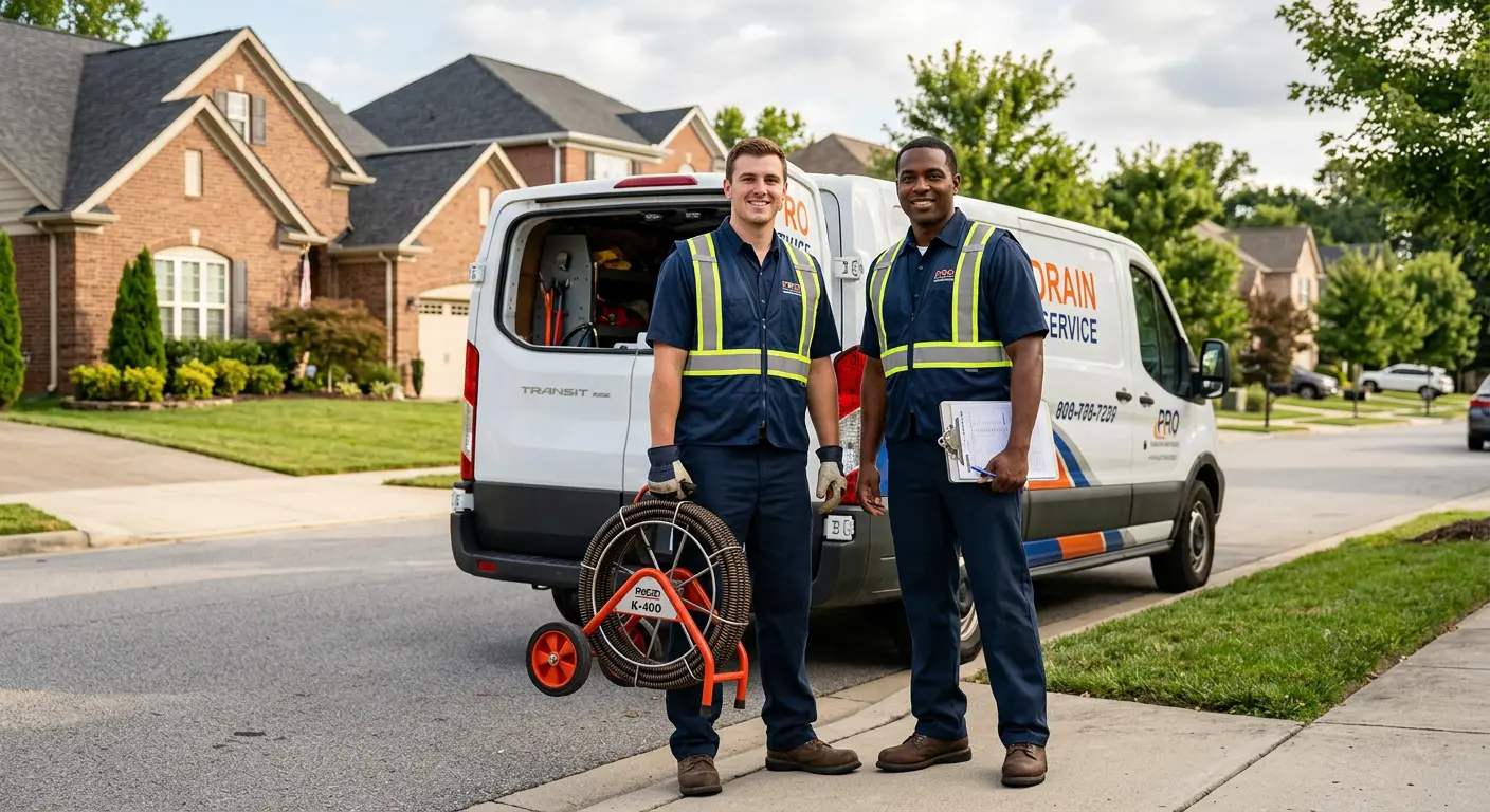 Sewer and drain service team with equipment ready for work in Plains