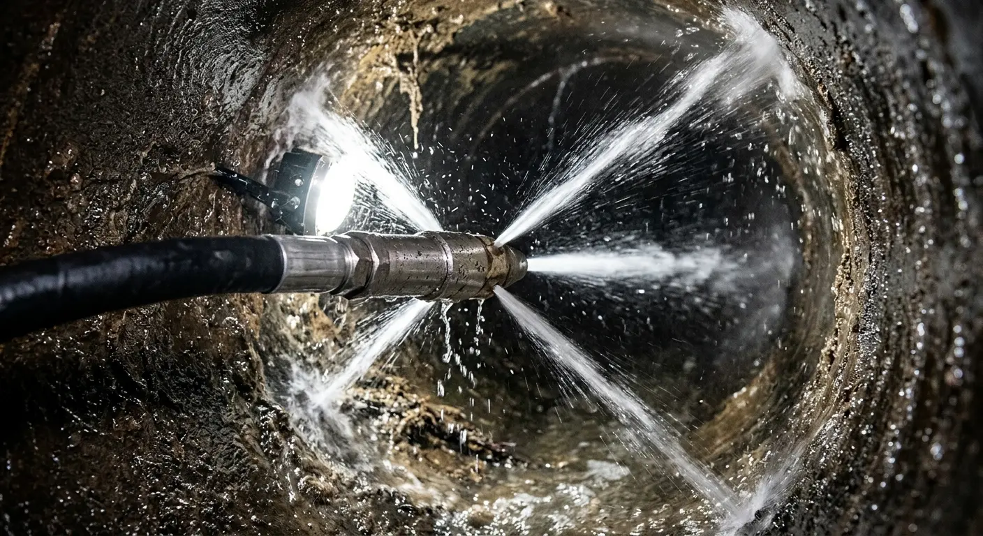 High-pressure hydro jetting nozzle cleaning sewer pipe for Sewer Cleanout in Plains