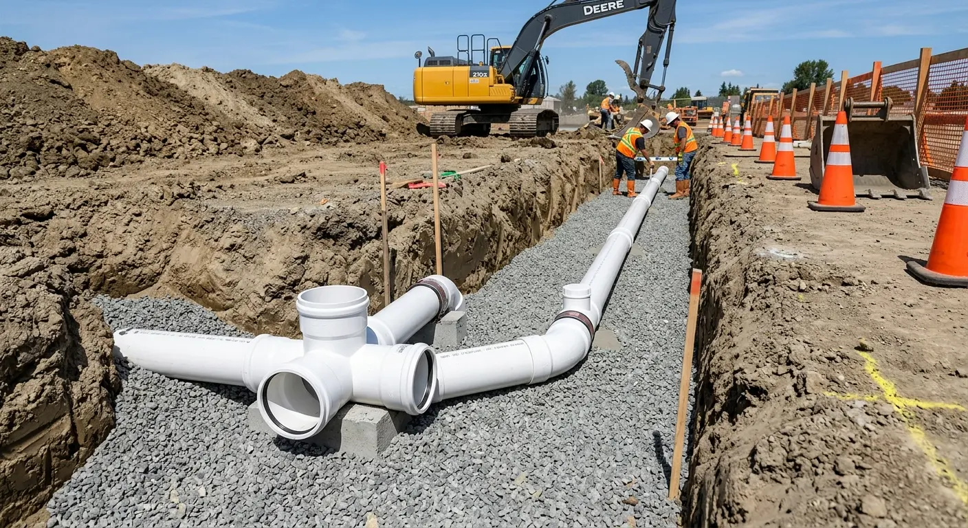 New PVC sewer pipe installation in open trench for Sewer Backup in Plains