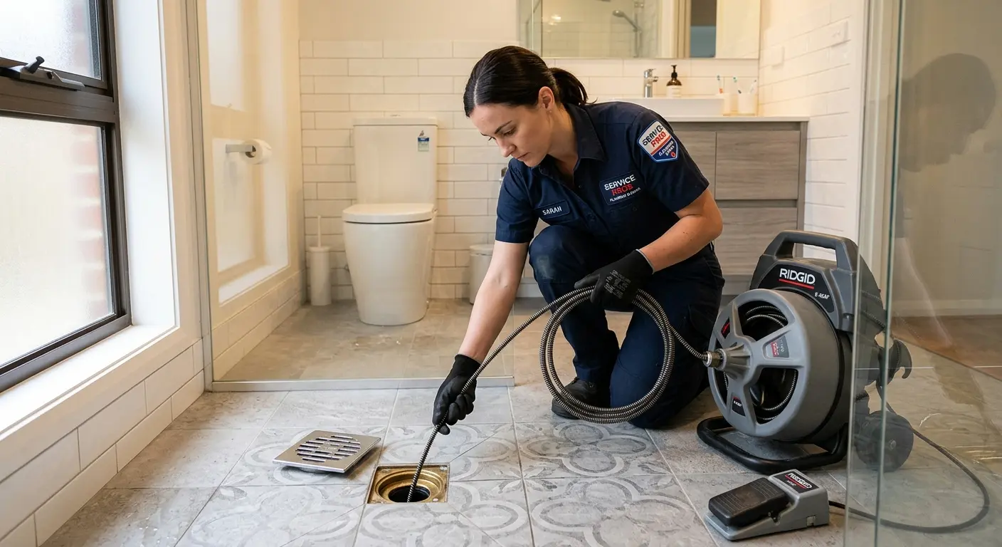 Technician clearing a bathroom floor drain for Drain Cleaning in Plains